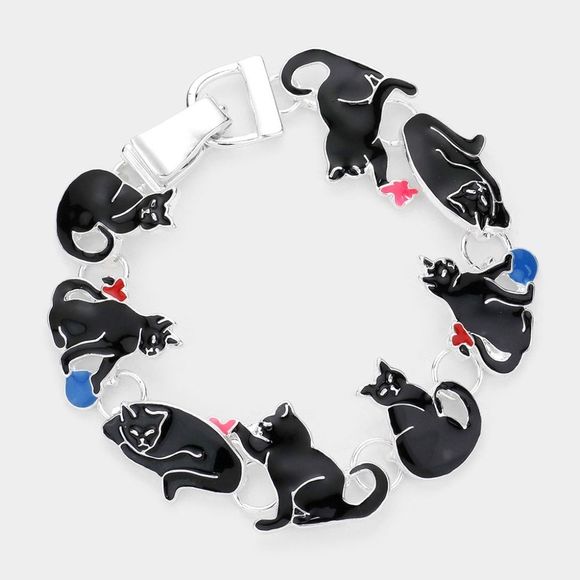 NWT Enamel Metal Black Cat Link Magnetic Bracelet - Picture 1 of 1